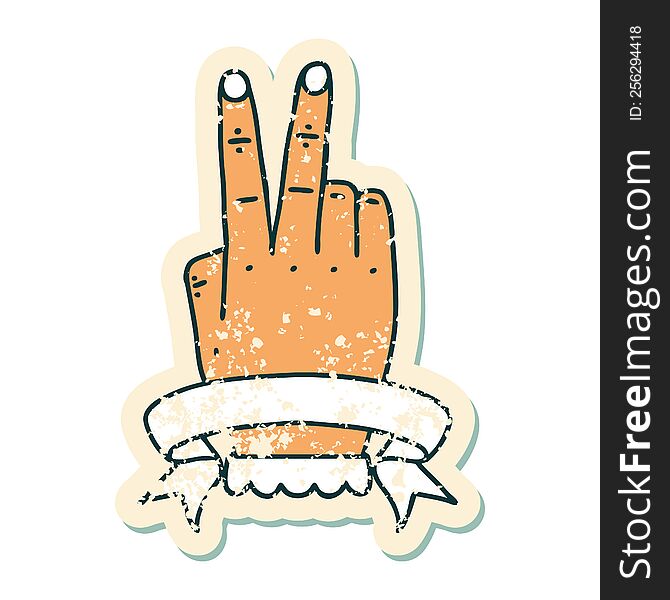 grunge sticker of a victory v hand gesture with banner. grunge sticker of a victory v hand gesture with banner