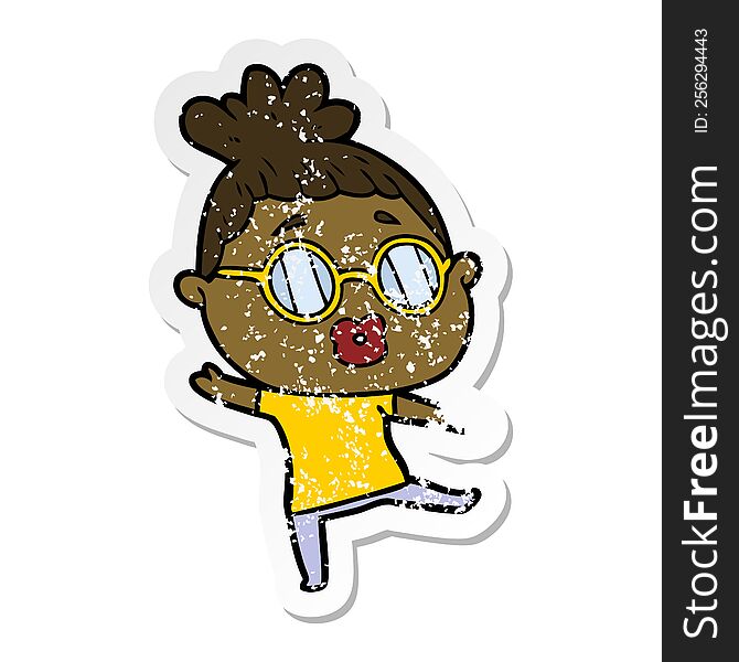 distressed sticker of a cartoon woman dancing wearing spectacles