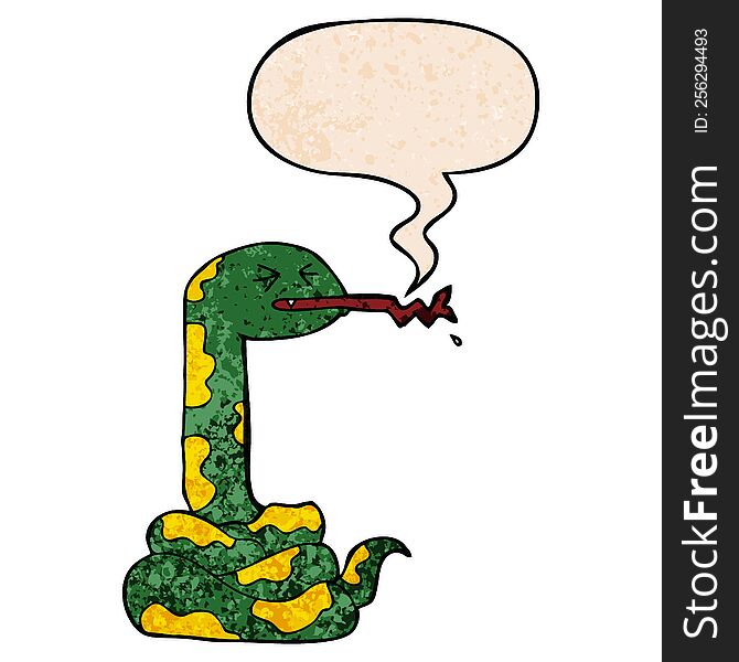 Cartoon Hissing Snake And Speech Bubble In Retro Texture Style