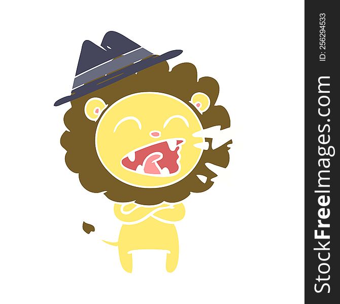 Flat Color Style Cartoon Roaring Lion Wearing Hat