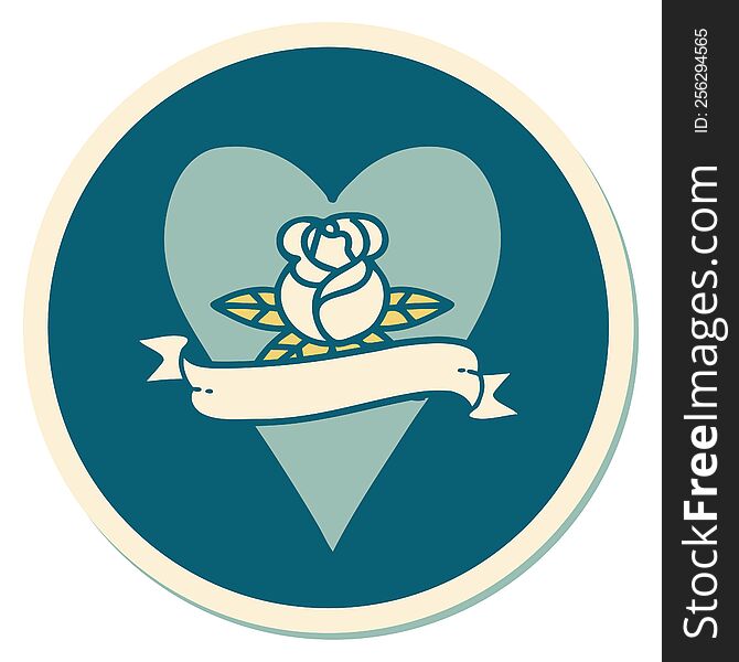 sticker of tattoo in traditional style of a heart rose and banner. sticker of tattoo in traditional style of a heart rose and banner