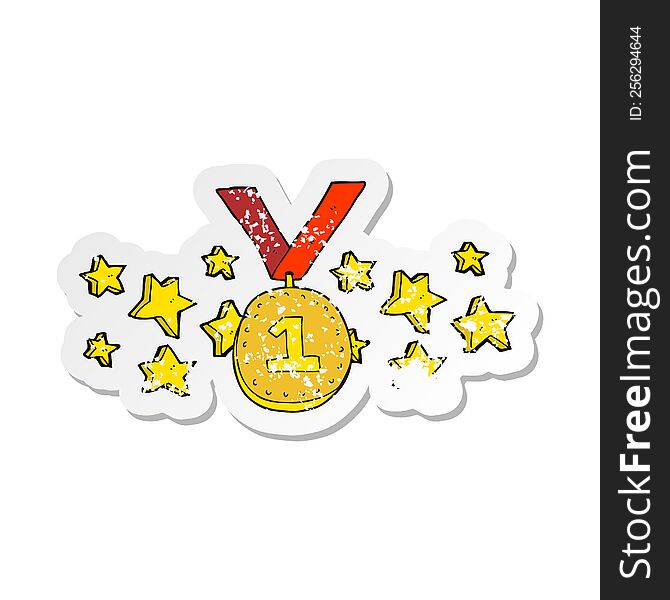 retro distressed sticker of a cartoon first place medal