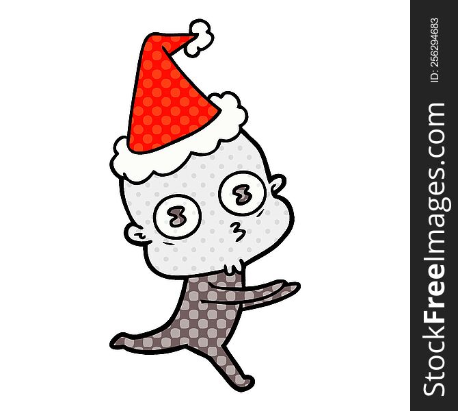 Comic Book Style Illustration Of A Weird Bald Spaceman Running Wearing Santa Hat