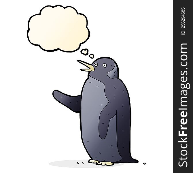 cartoon penguin waving with thought bubble