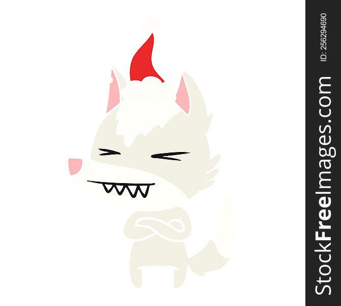 Angry Wolf Flat Color Illustration Of A Wearing Santa Hat