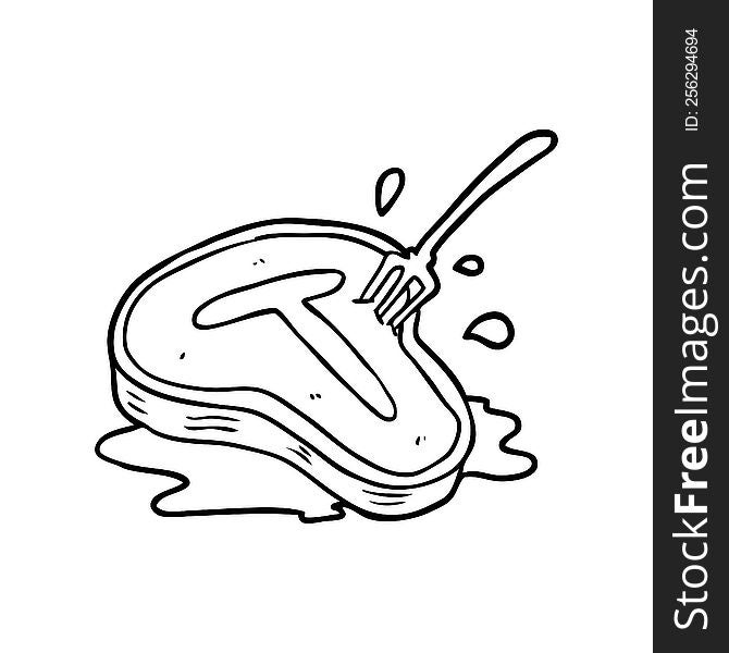 line drawing of a cooked steak and fork. line drawing of a cooked steak and fork