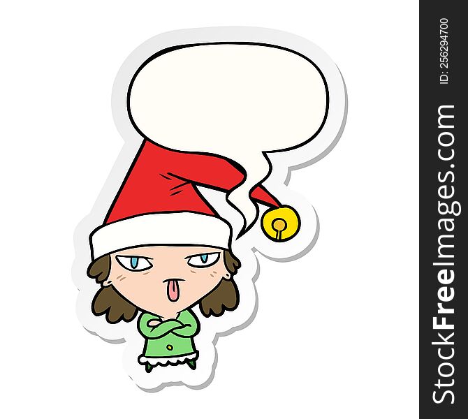 Cartoon Girl Wearing Christmas Hat And Speech Bubble Sticker