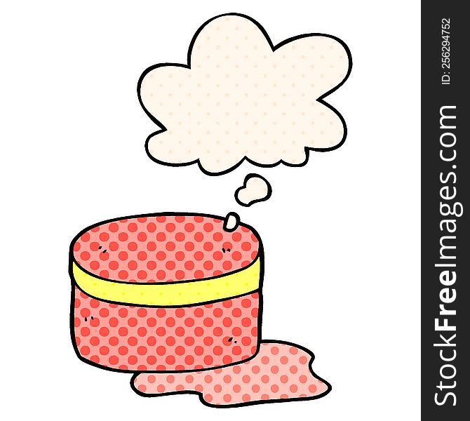 cartoon beauty lotion tub with thought bubble in comic book style