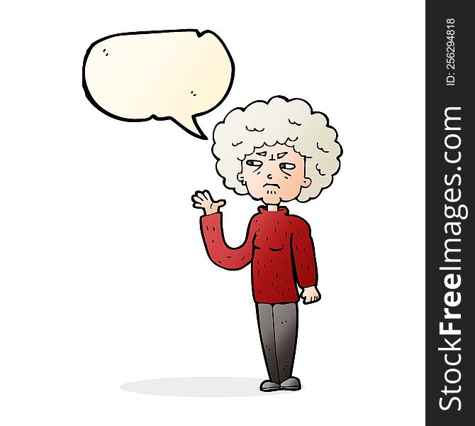 cartoon annoyed old woman waving with speech bubble