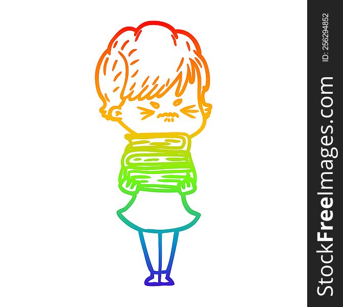 rainbow gradient line drawing of a cartoon frustrated woman