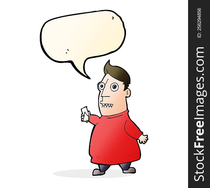 cartoon nervous man with tickets with speech bubble