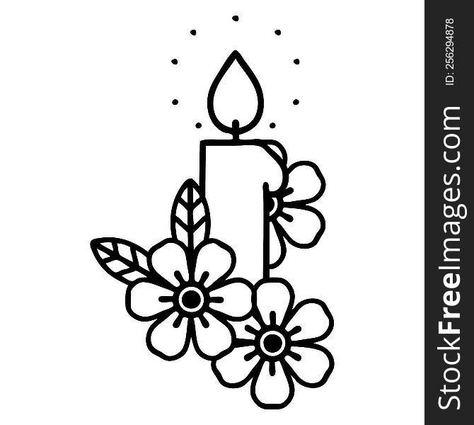 Black Line Tattoo Of A Candle And Flowers