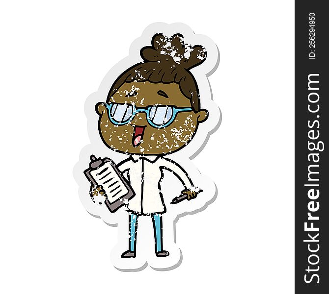 distressed sticker of a cartoon happy woman wearing spectacles