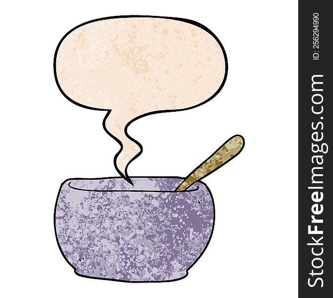 cartoon soup bowl with speech bubble in retro texture style