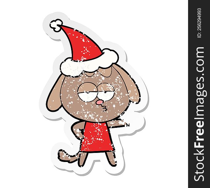 Distressed Sticker Cartoon Of A Bored Dog Wearing Santa Hat
