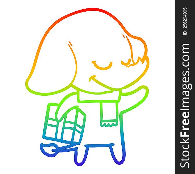 Rainbow Gradient Line Drawing Cartoon Christmas Elephant