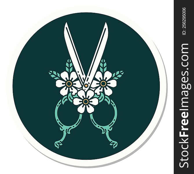 sticker of tattoo in traditional style of barber scissors and flowers. sticker of tattoo in traditional style of barber scissors and flowers