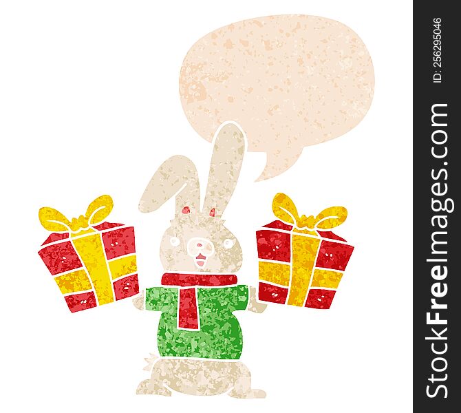 Cartoon Rabbit With Christmas Presents And Speech Bubble In Retro Textured Style