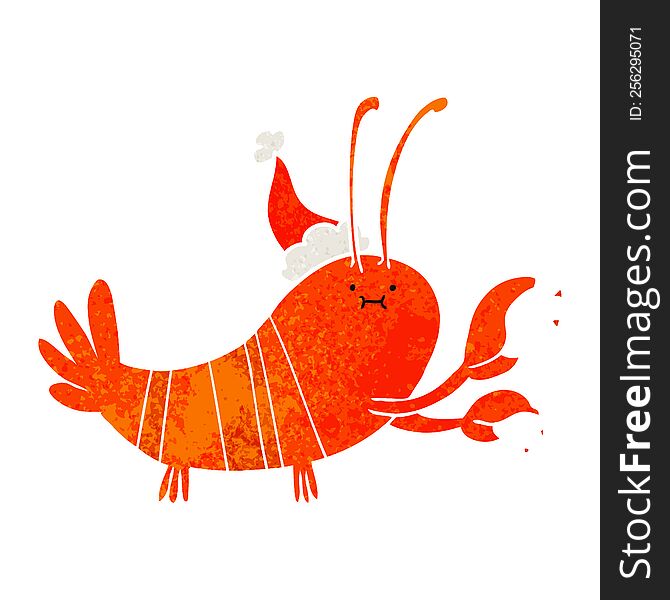 hand drawn retro cartoon of a lobster wearing santa hat