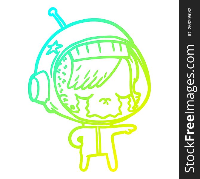 cold gradient line drawing of a cartoon crying astronaut girl