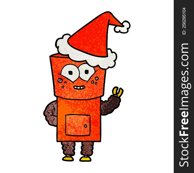 Happy Textured Cartoon Of A Robot Waving Hello Wearing Santa Hat