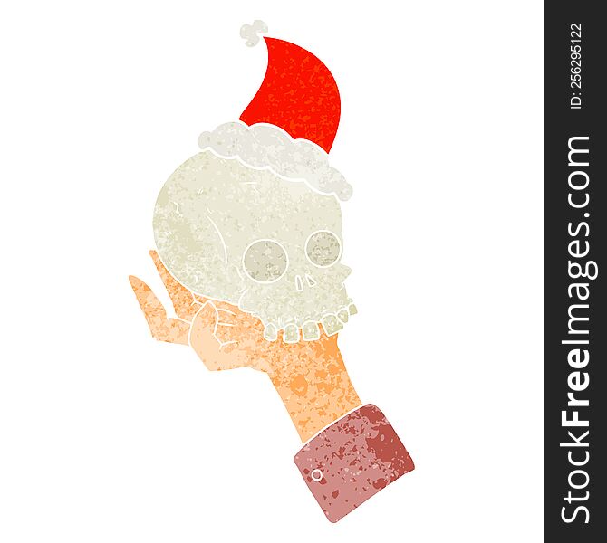 hand drawn retro cartoon of a hand holding skull wearing santa hat