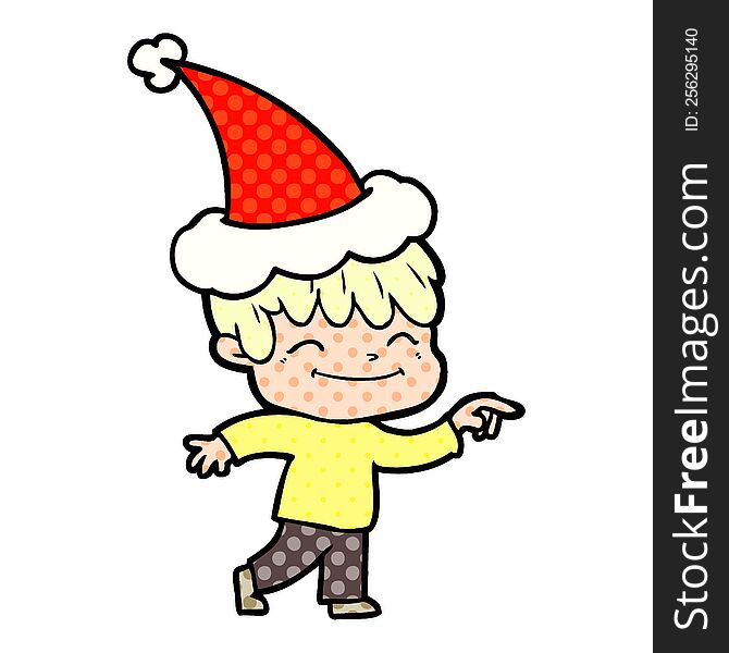 Comic Book Style Illustration Of A Happy Boy Wearing Santa Hat