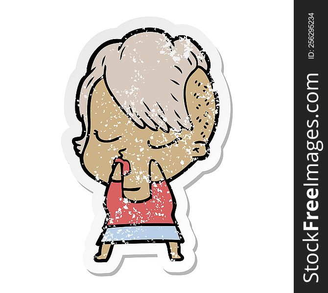 Distressed Sticker Of A Cartoon Pretty Hipster Girl