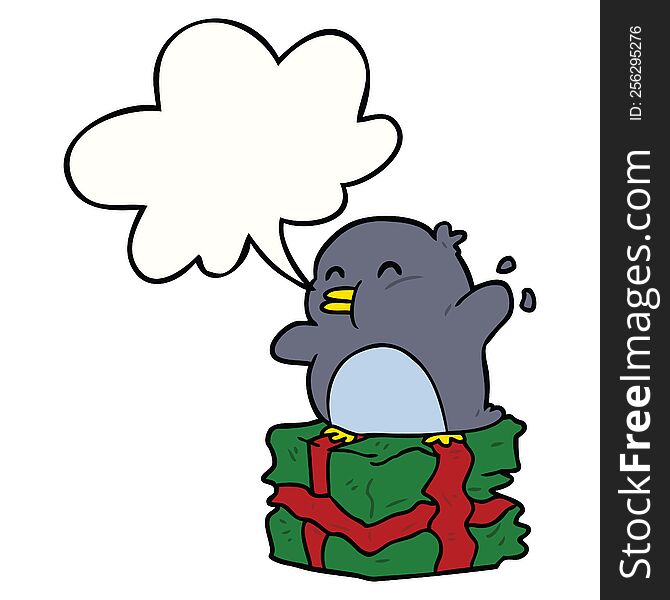 cartoon penguin on wrapped present with speech bubble