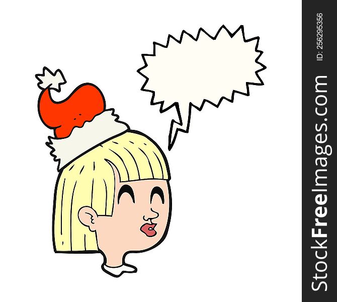 freehand drawn speech bubble cartoon girl wearing christmas hat. freehand drawn speech bubble cartoon girl wearing christmas hat