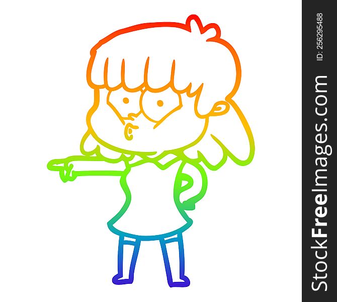 Rainbow Gradient Line Drawing Cartoon Whistling Girl Pointing