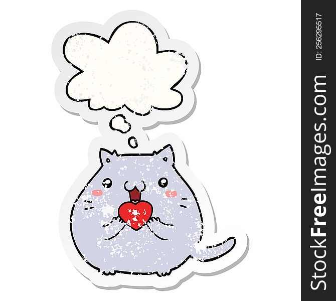cute cartoon cat in love with thought bubble as a distressed worn sticker