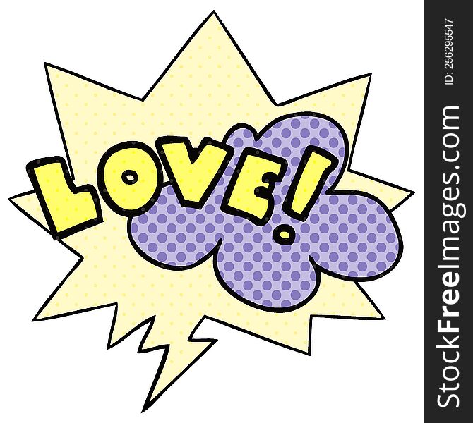 cartoon word love with speech bubble in comic book style