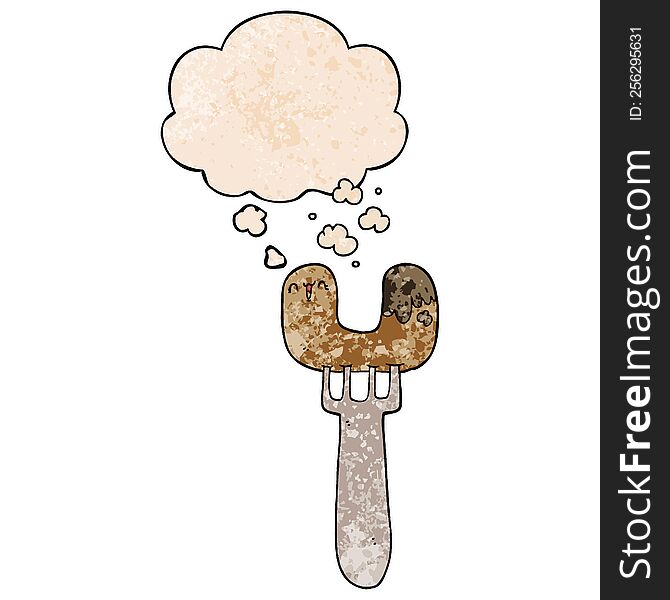Cartoon Sausage On Fork And Thought Bubble In Grunge Texture Pattern Style