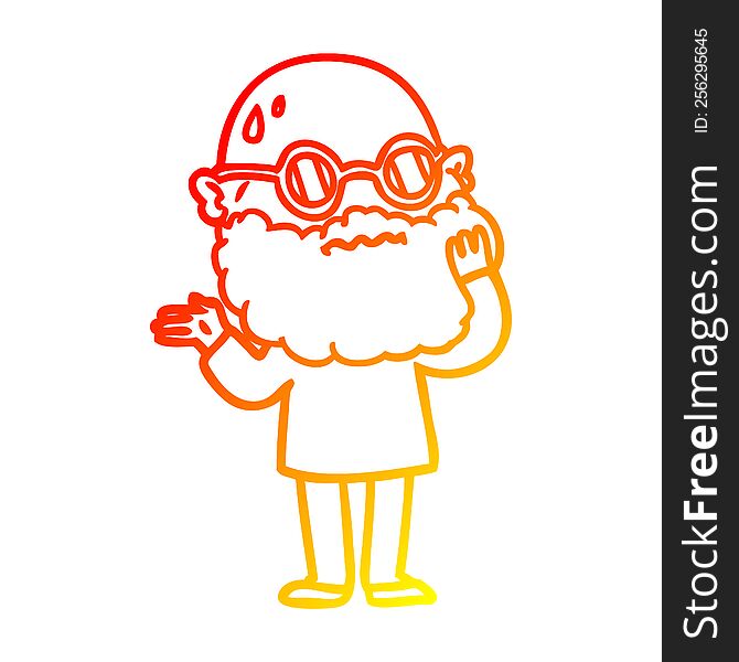 Warm Gradient Line Drawing Cartoon Worried Man With Beard And Sunglasses