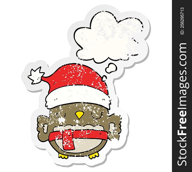 Cute Christmas Owl And Thought Bubble As A Distressed Worn Sticker