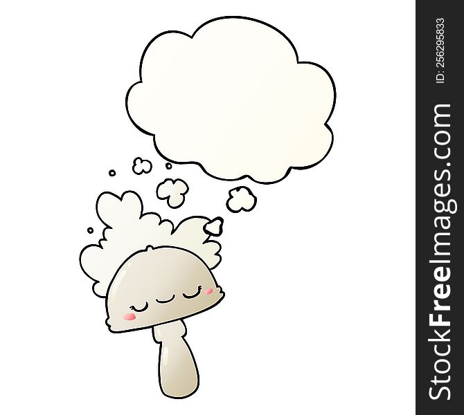 Cartoon Mushroom With Spoor Cloud And Thought Bubble In Smooth Gradient Style