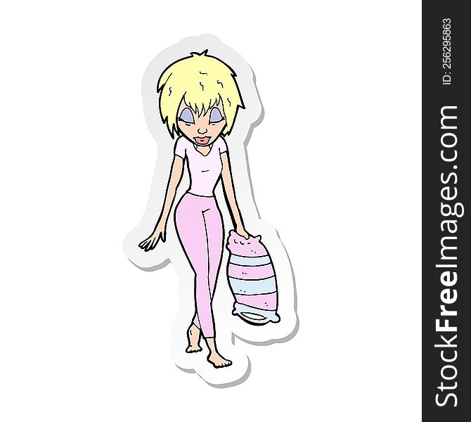 sticker of a cartoon woman going to bed