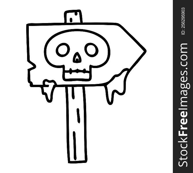 line doodle of a spooky halloween sign post with skull