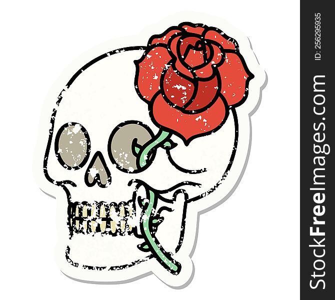 Traditional Distressed Sticker Tattoo Of A Skull And Rose