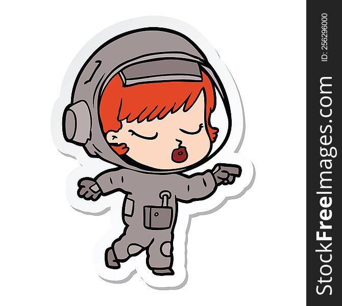 sticker of a cartoon pretty astronaut girl pointing
