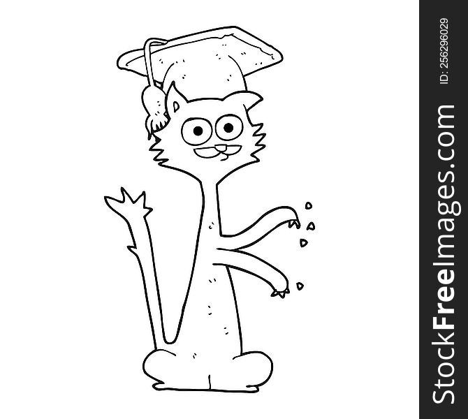 freehand drawn black and white cartoon cat scratching with graduation cap. freehand drawn black and white cartoon cat scratching with graduation cap