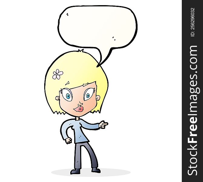 Cartoon Pretty Woman Pointing With Speech Bubble