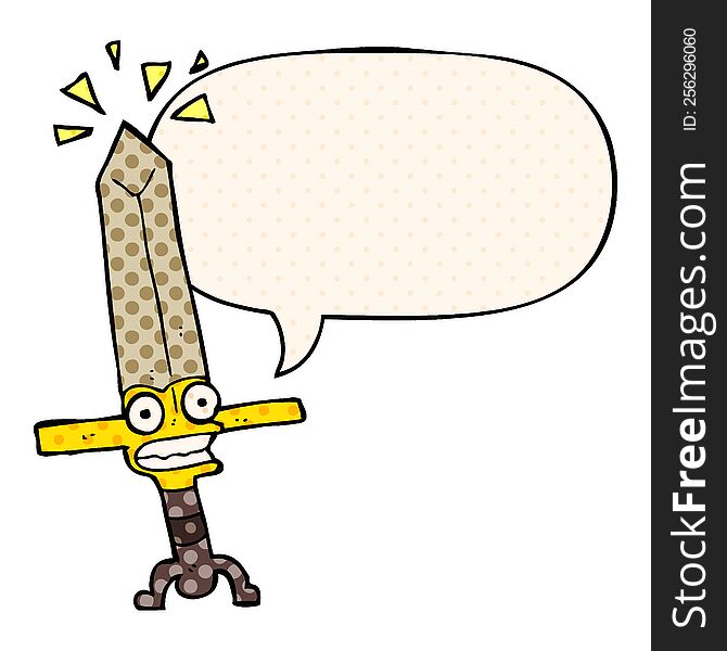 cartoon magic sword with speech bubble in comic book style