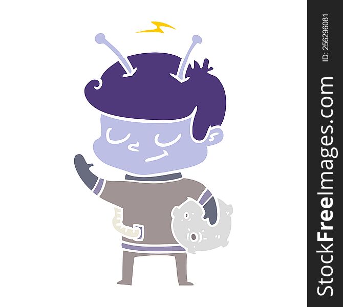 friendly flat color style cartoon spaceman holding meteor