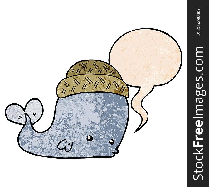 Cartoon Whale Wearing Hat And Speech Bubble In Retro Texture Style