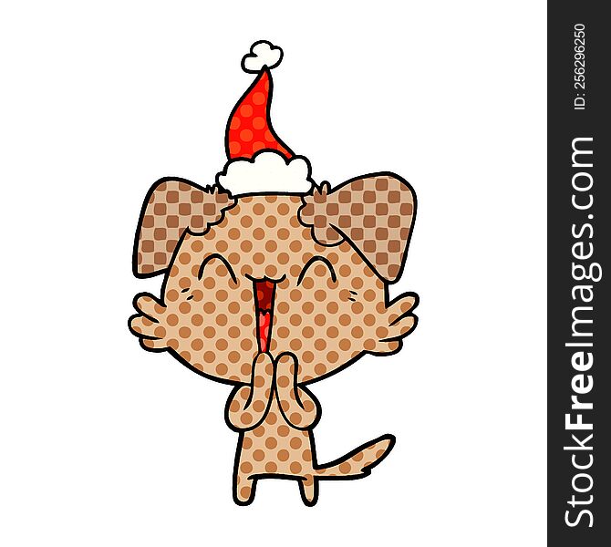 laughing little dog hand drawn comic book style illustration of a wearing santa hat