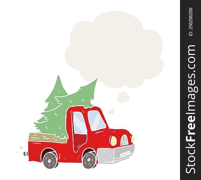 cartoon pickup truck carrying trees with thought bubble in retro style