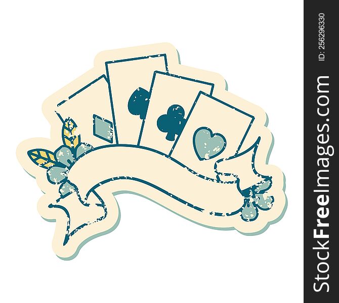 iconic distressed sticker tattoo style image of cards and banner with flowers. iconic distressed sticker tattoo style image of cards and banner with flowers