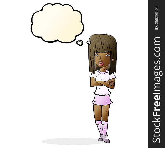 Cartoon Girl With Crossed Arms With Thought Bubble